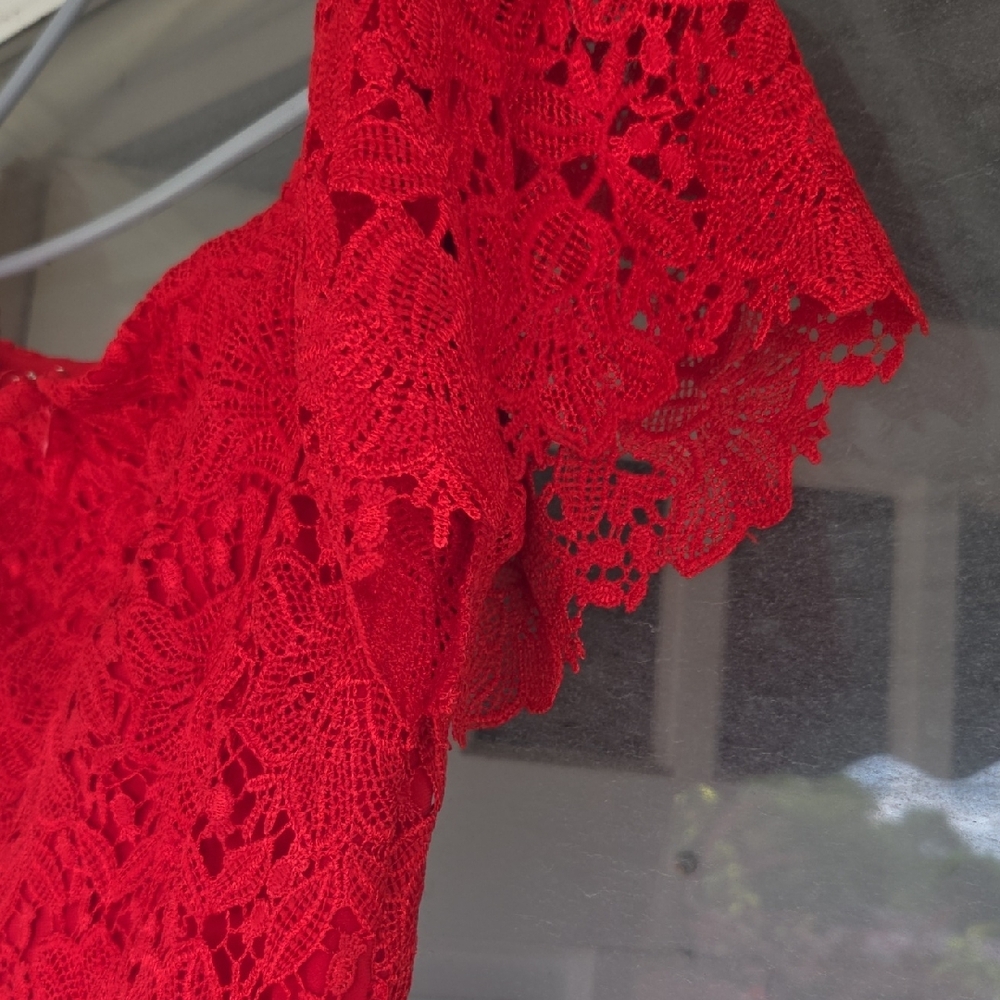 Polo by Ralph Lauren Red Lace Off-Shoulder Mini Dress Black Label - Picture 10 of 13